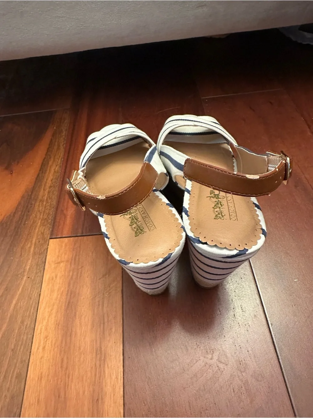 Coach and Four Navy & White Striped Slingback Wedges